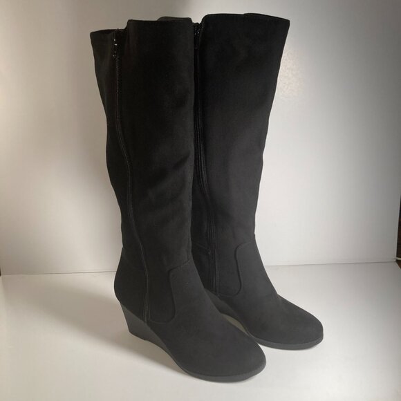 Me Too Stacked Wedge Suede Knee High Boots - Picture 1 of 7